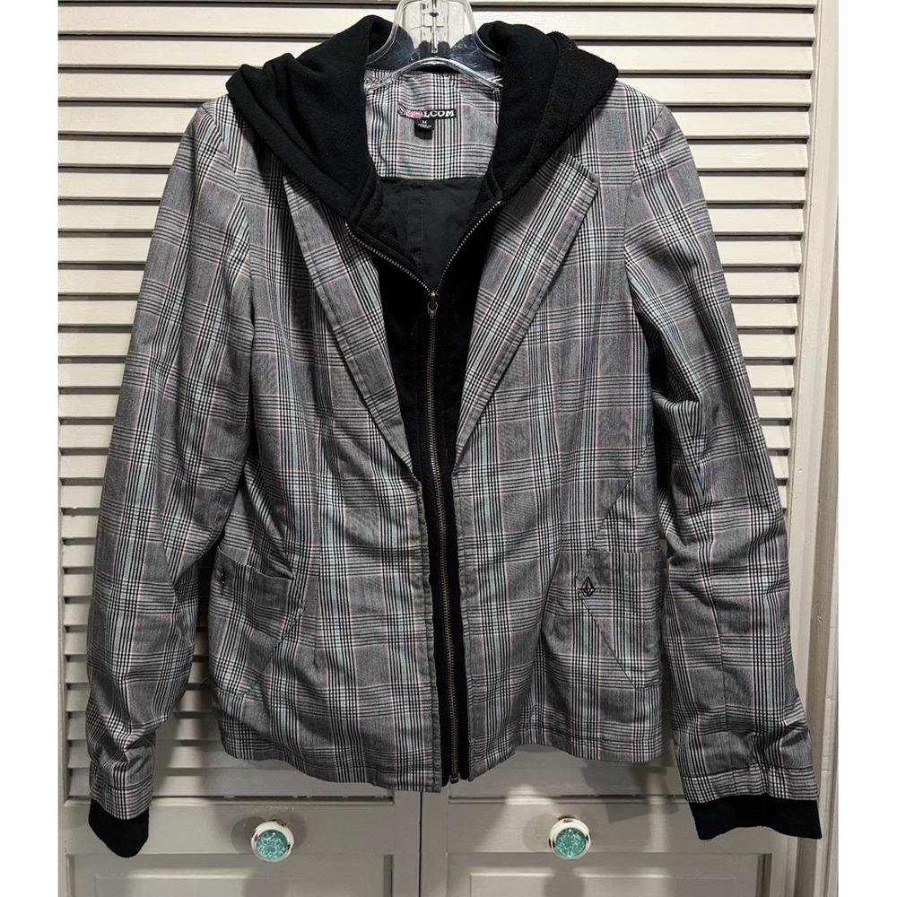 Vintage Volcom Zip Up Plaid Jacket‎ Size M 2 In 1 Pockets Hood Black/Gray